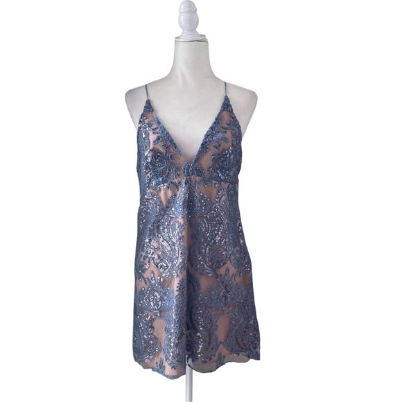 NWT Free People Night Shimmers Mini Dress Blue Sequin SZ 10 - Picture 3 of 13